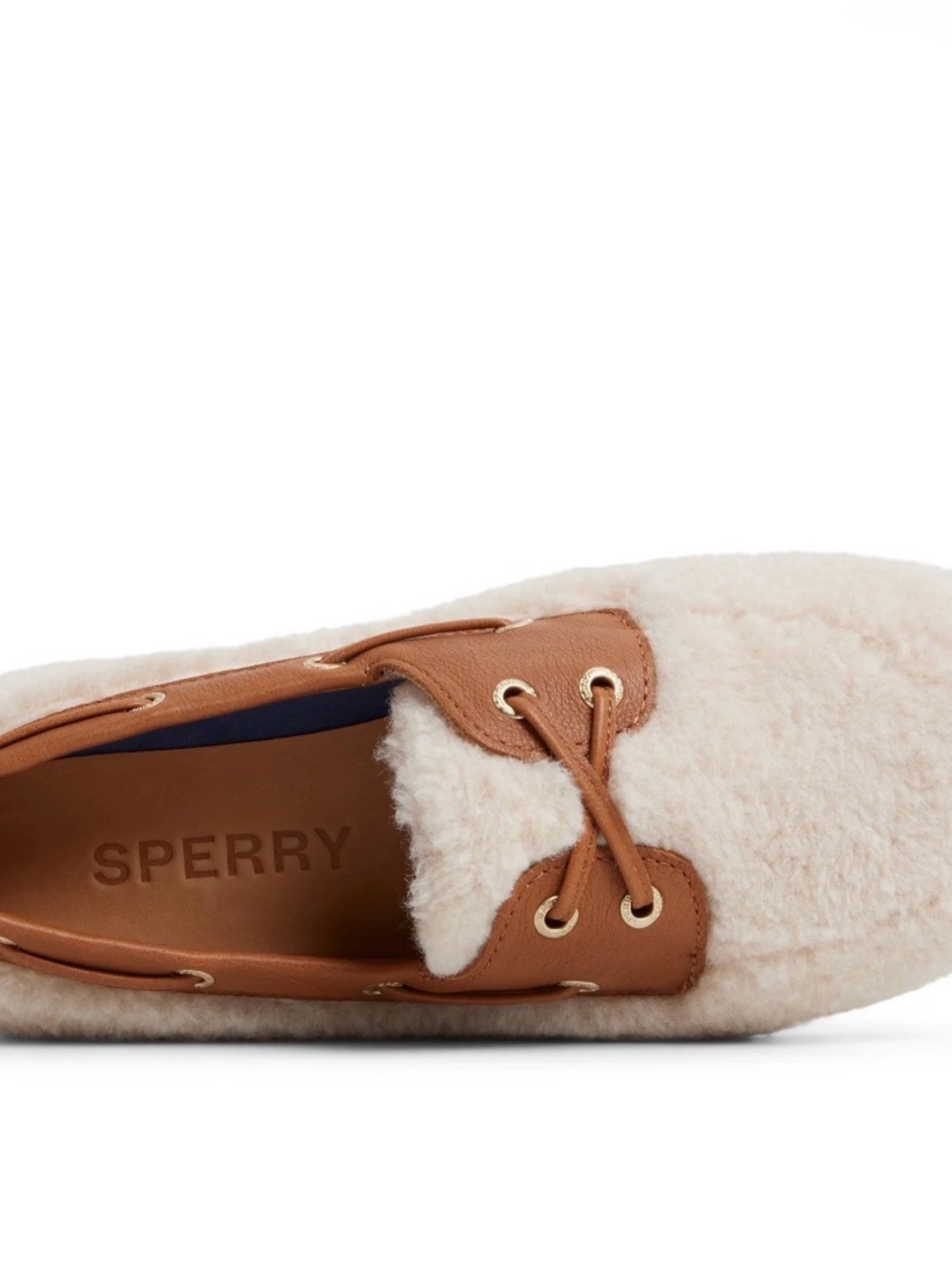 Sperry Faux Shearling Slim Boat Shoe with Tan Trim